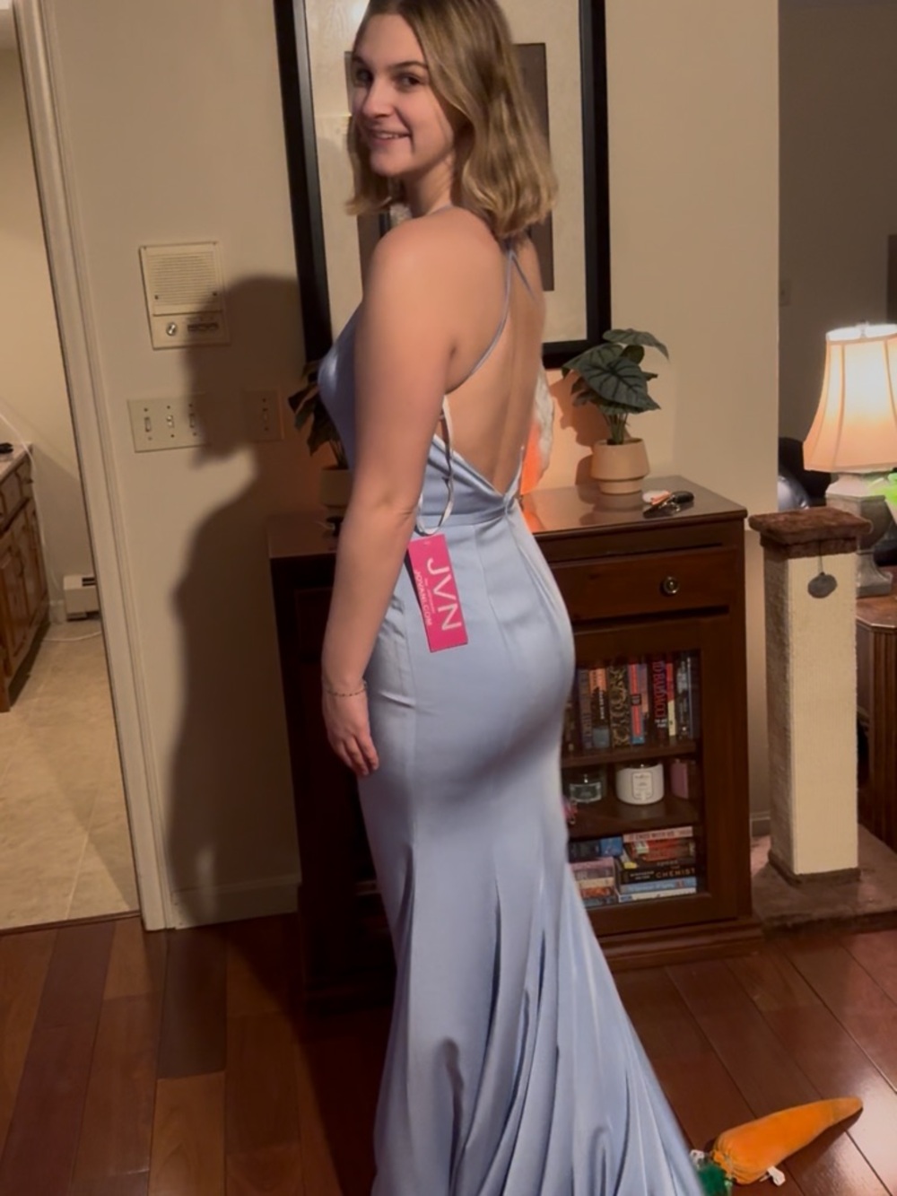 JVN Powder Blue Satin Backless Mermaid Gown
